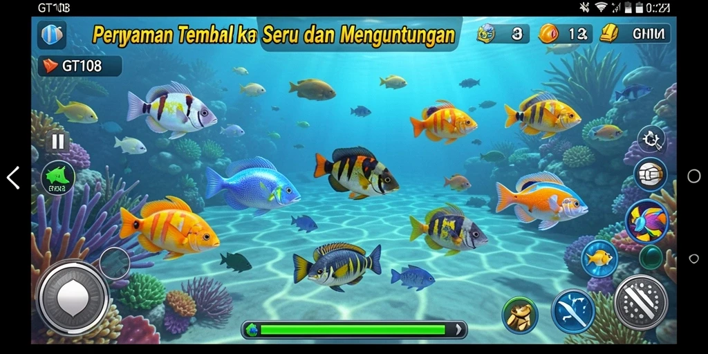 Gameplay menarik dalam GT108 menampilkan aksi tembak ikan yang seru.