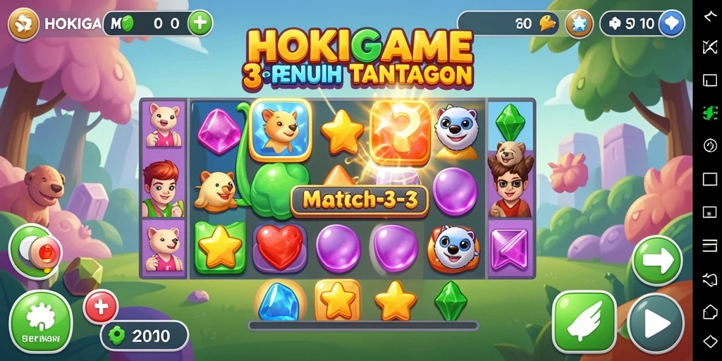 Tampilan gameplay HOKIGAME dengan level Match-3 yang penuh warna.