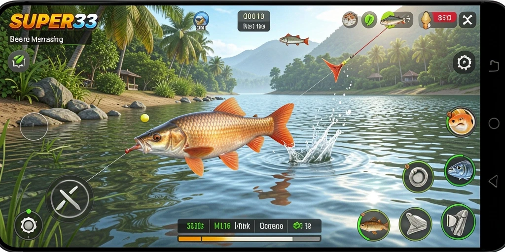 Screenshot menampilkan gameplay seru dari SUPER33 saat memancing ikan.