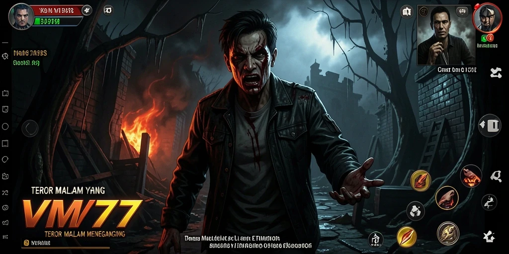 Screenshot gameplay VM777 menampilkan suasana mencekam dan karakter menyeramkan.